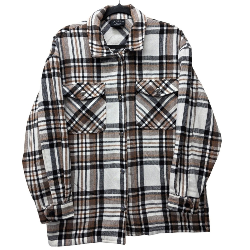 HFX Women Brown White Plaid Shacket Button‎ Front Shirt Jacket Size SM Oversized